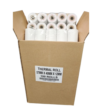 Thermal Paper Roll 57mm (W) x 40mm (OD) x 12.5mm (1/2 "Core).100 rolls offer